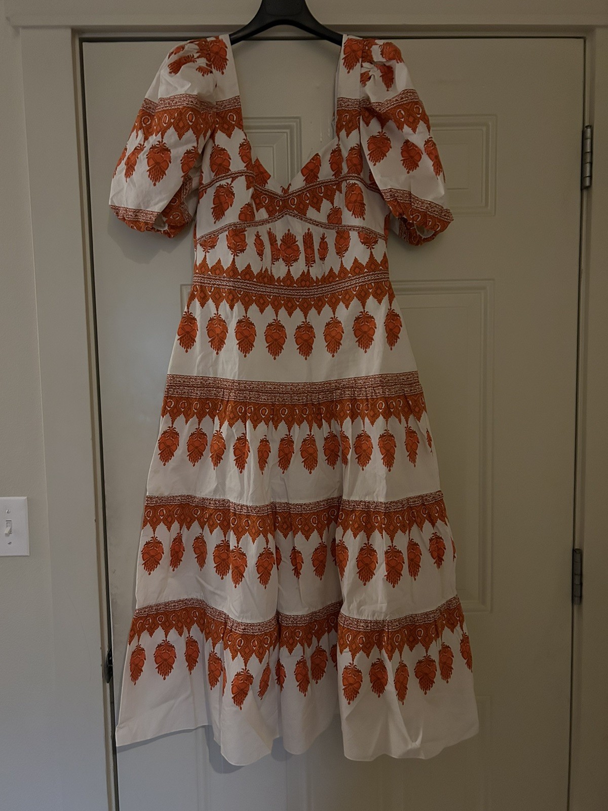 Johanna Ortiz Tiered Midi Dress Women 8 Red-Orange Cream Puff Sleeve Ret $930