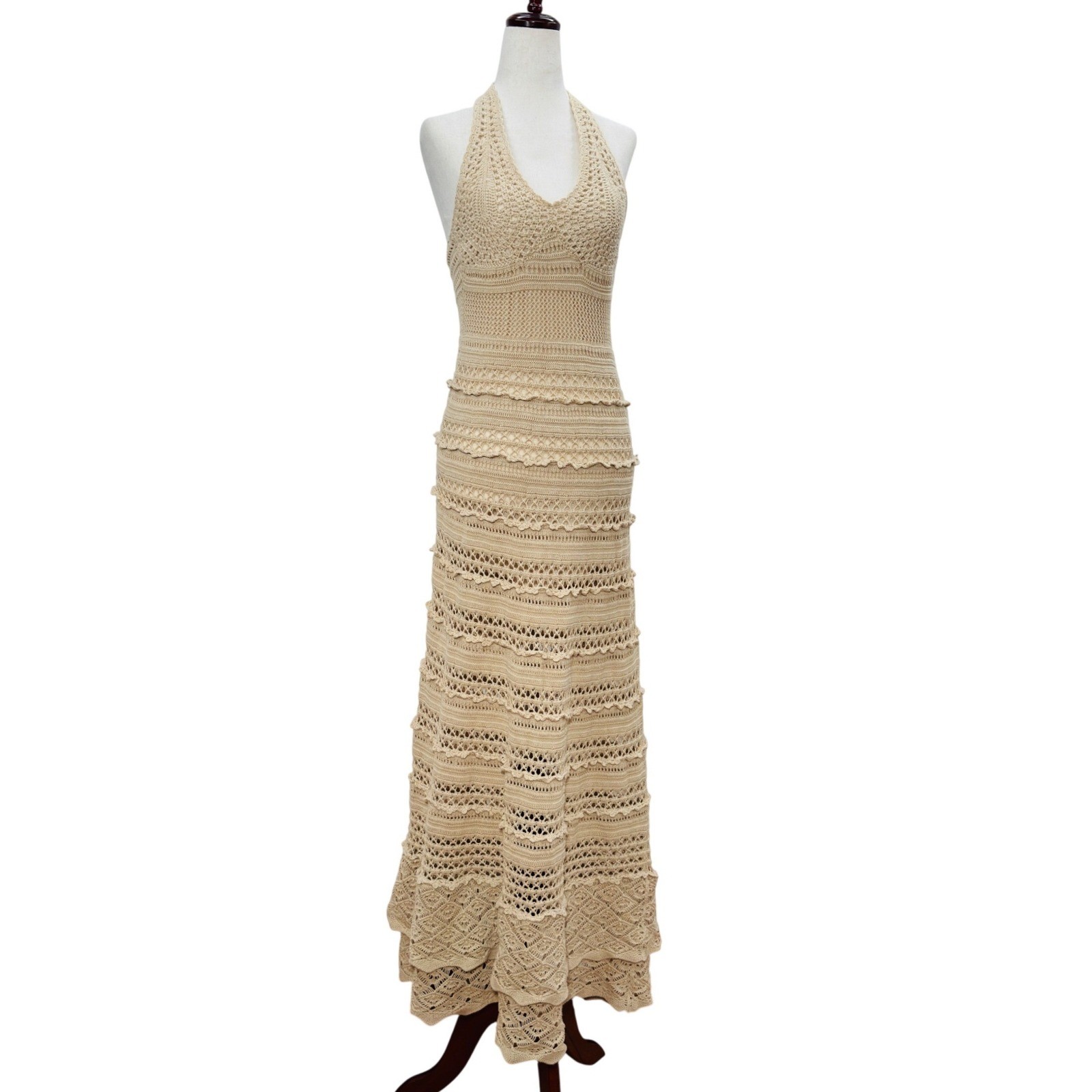 Moda International Crochet Maxi Dress Halter Open Knit Boho Festival Beach VTG