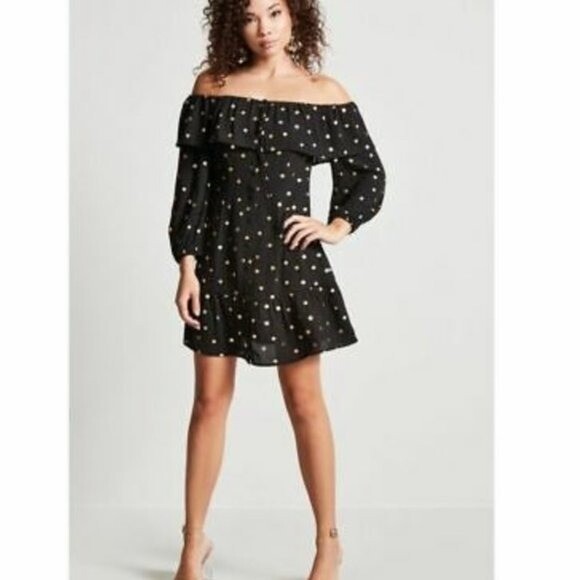 Forever 21 Women’s Sz Small Off Shoulder Dress Button Down Black Gold Polka Dots