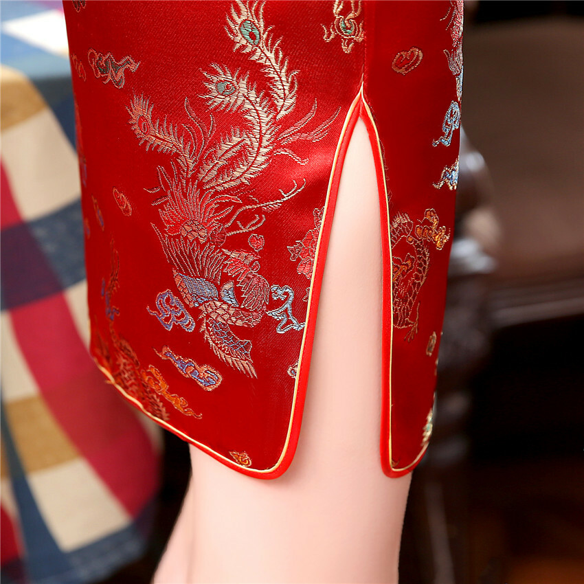 Chinese Short Cheongsam Traditional Women Silk Satin Mini Dress Party Gown S-6XL