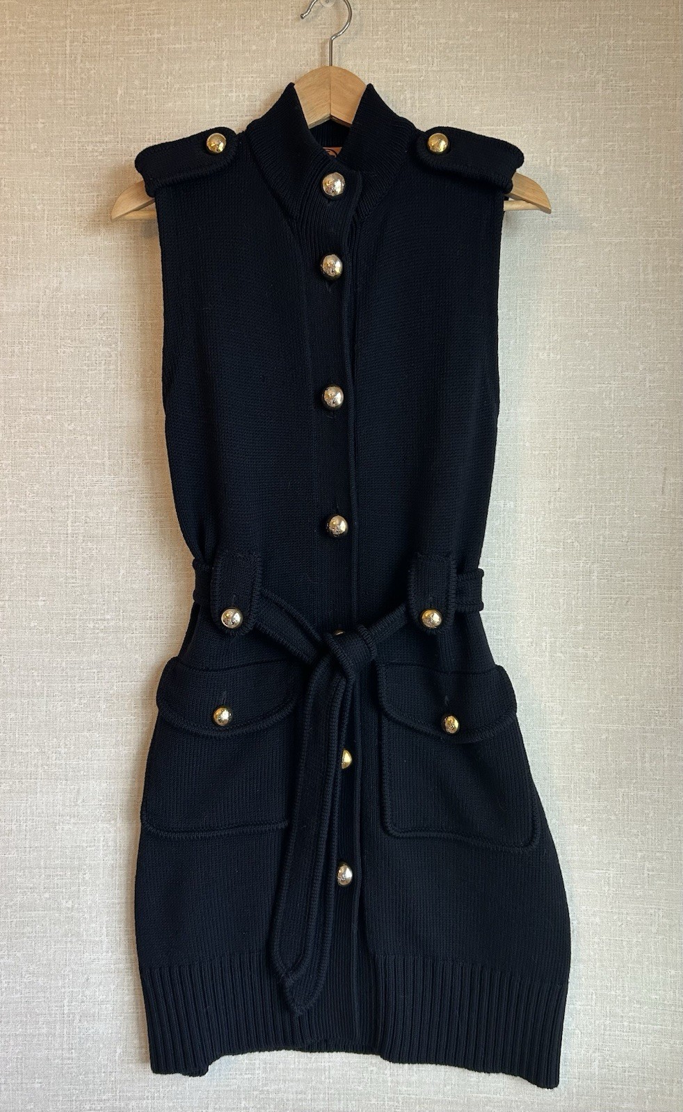 TORY BURCH Navy Sweater Dress Sleeveless 100% Merino Wool Gold Button Belt Small