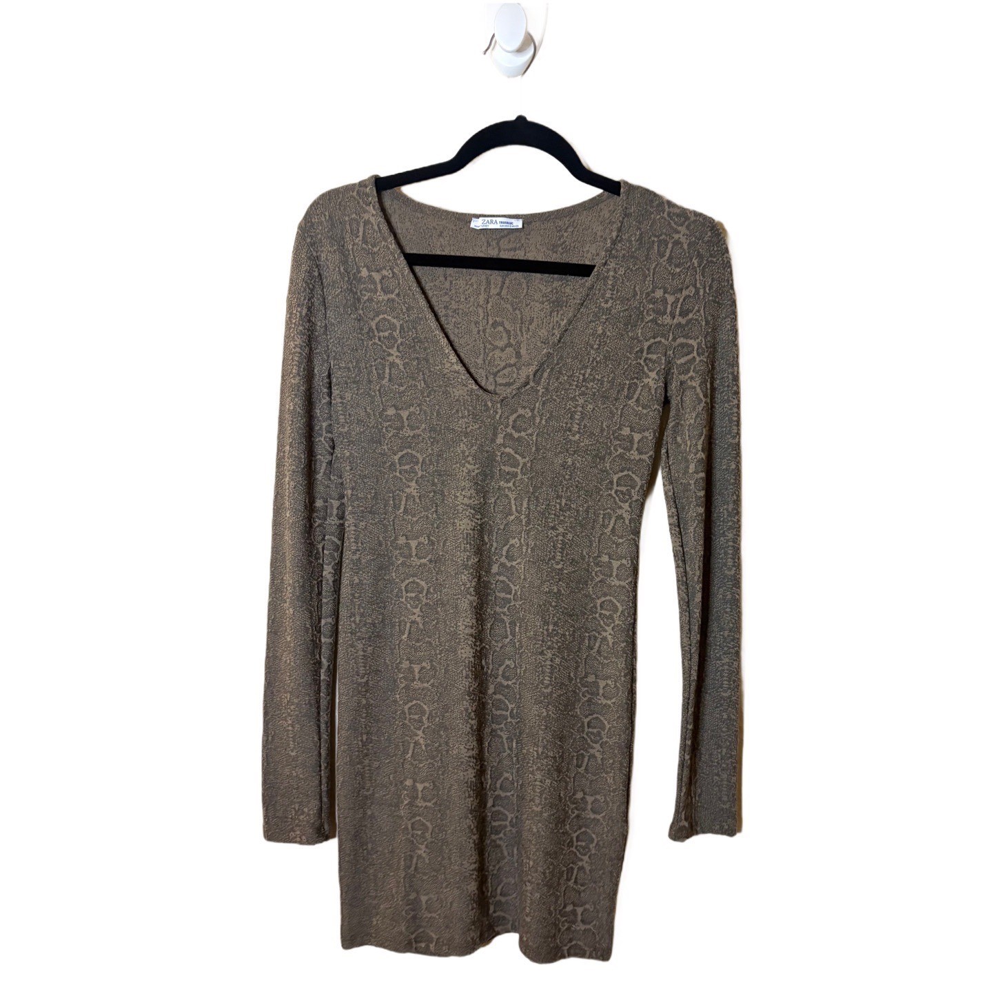 Zara Trafaluc Womens Snakeskin Print V-Neck Long Sleeve Mini Bodycon Dress Small