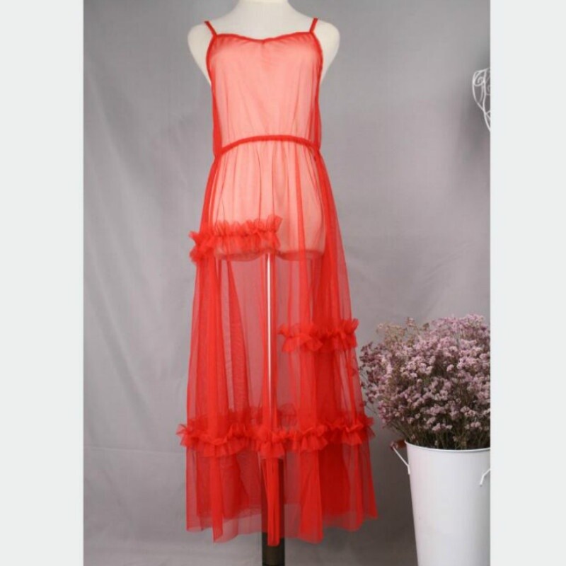 New Women Sheer Dress Ruffle Mesh See-Through Strap V Neck High Waist Party