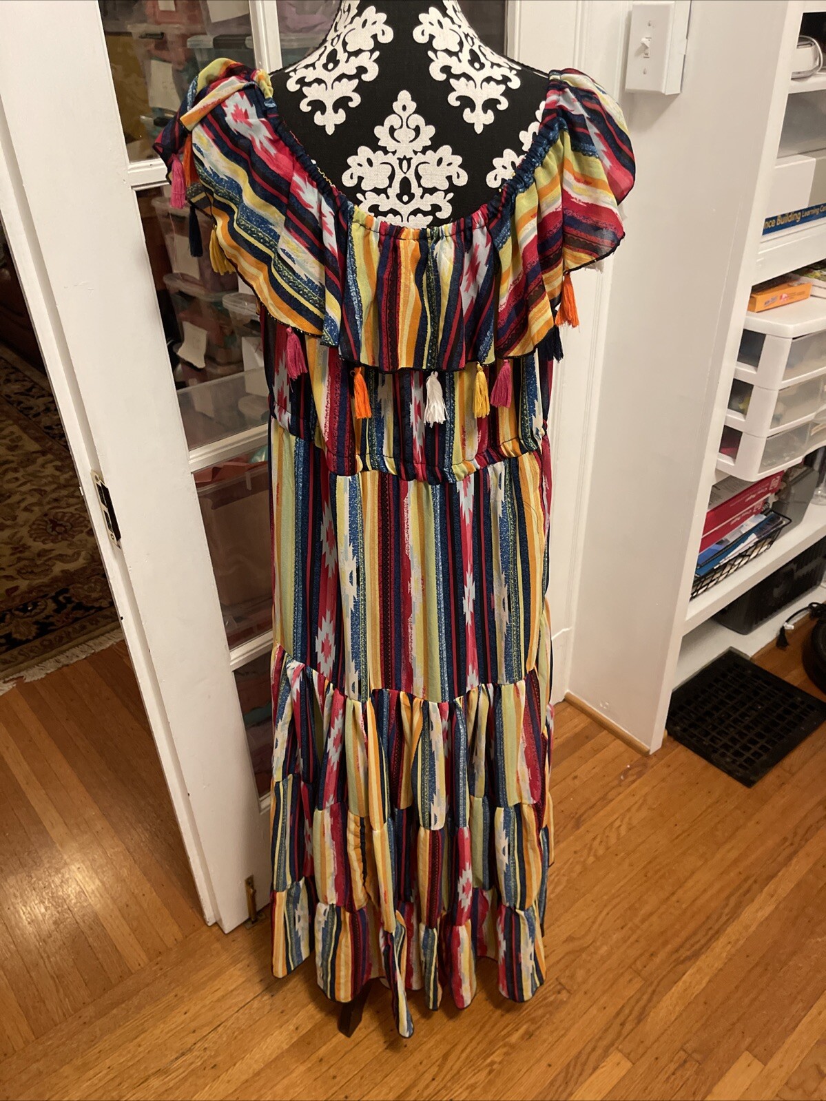 Violet Sky L multicolor striped long flowing off shoulder Ruffle Dress
