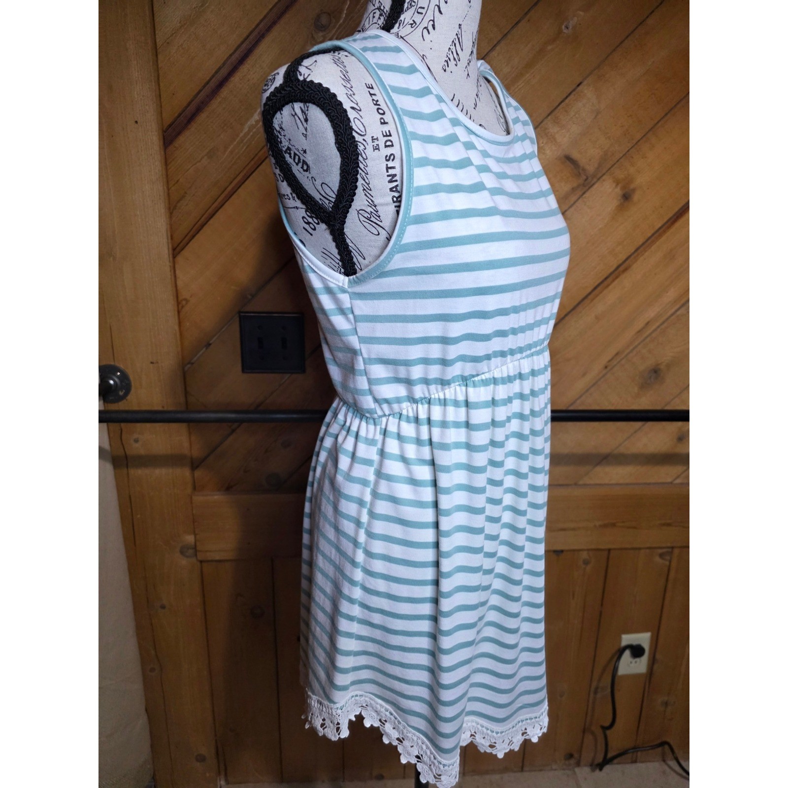 Mint Green White Striped Sleeveless Mini Dress Lace Trim Elastic Waist Womens