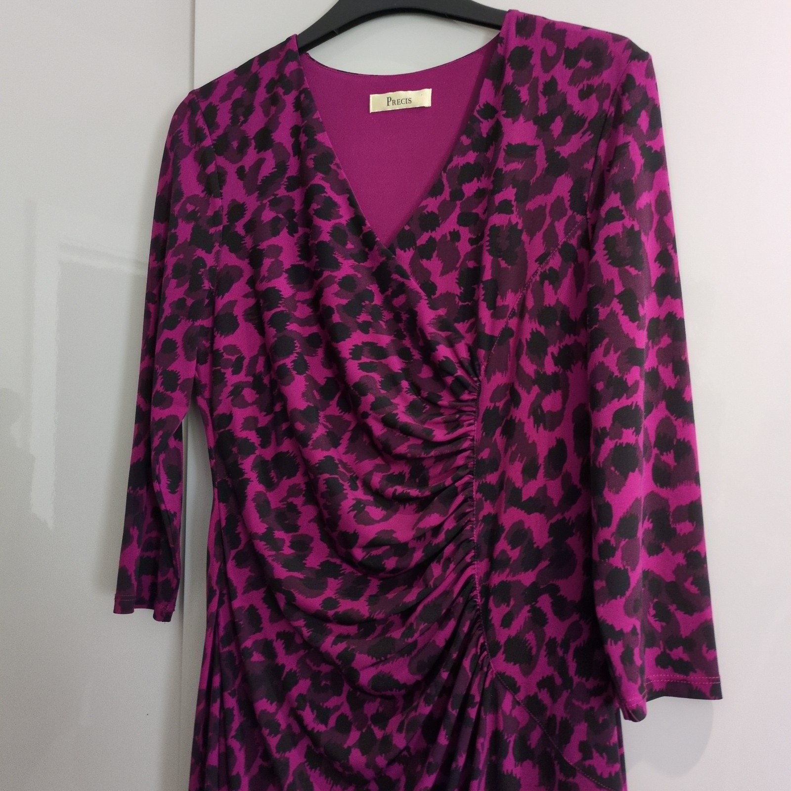 Precis Size 10 Purple Leopard Print Faux Wrap Dress 3/4 Sleeve