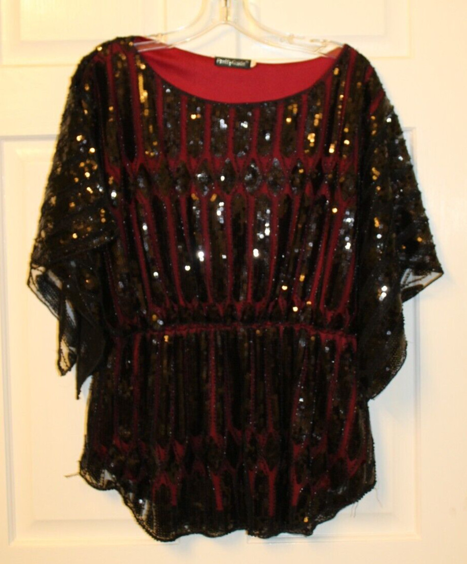 PrettyGuide Women Black Maroon Sequin Top Formal Holiday Party Top Large/XL