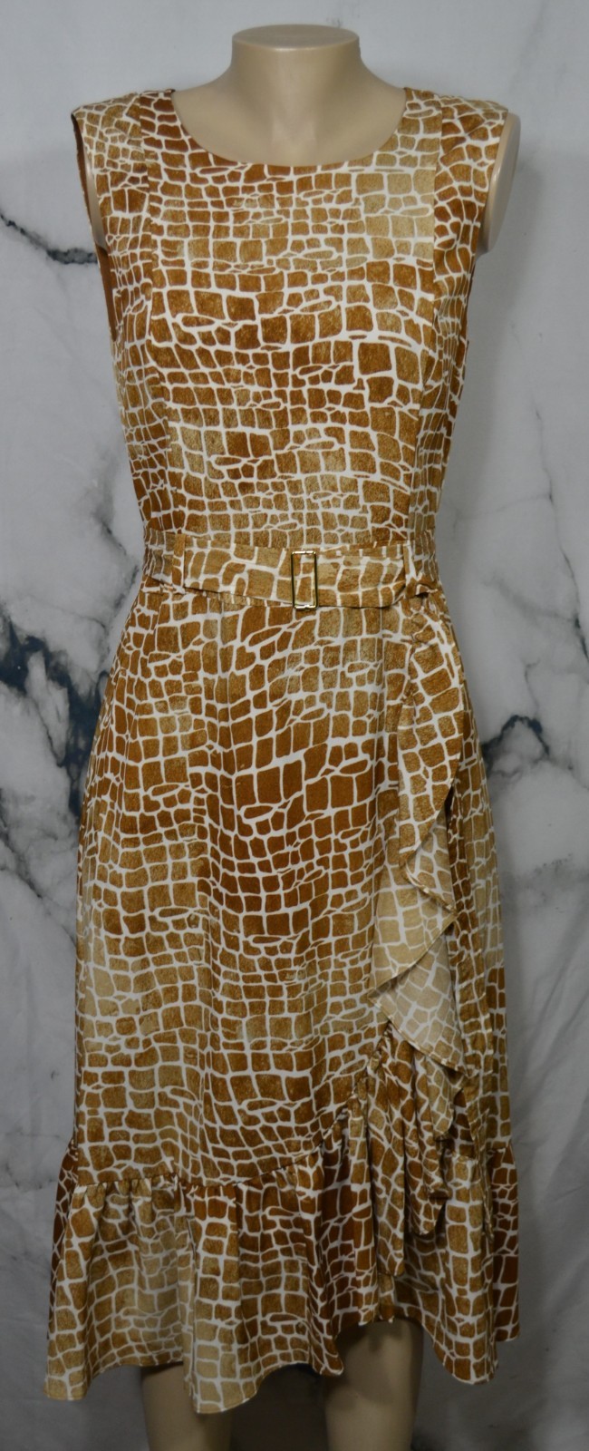 CALVIN KLEIN NEW NWT Brown Beige Giraffe Print Sleeveless Dress 8 Ruffle Hem