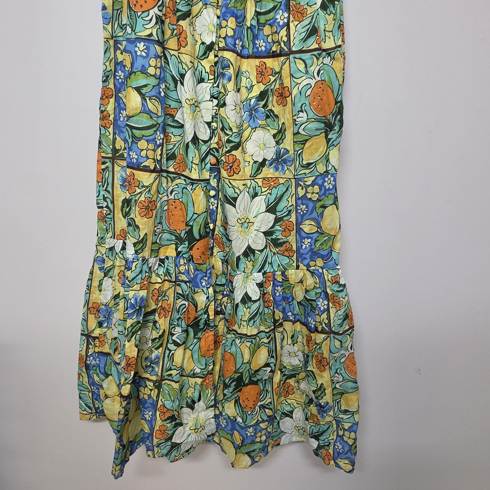 Anthropologie Peregrine Flutter Sleeve Midi Dress Citrus Floral Tile Print XXS