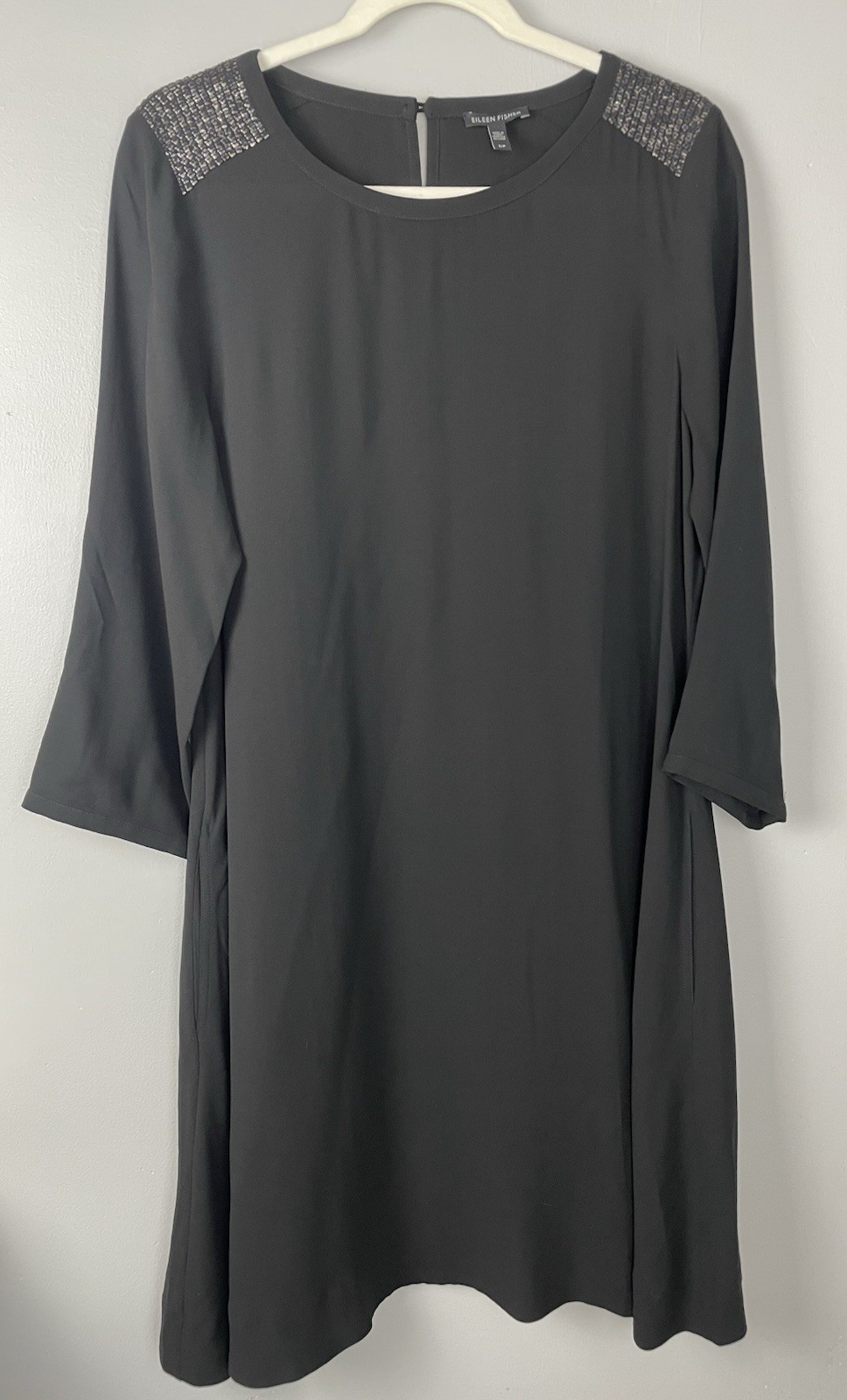 Eileen Fisher Silk Dress Swing Long Sleeve Black Summer Small S Pockets!!