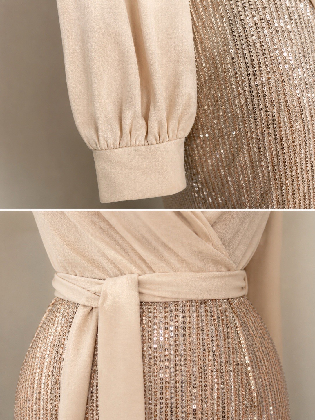 Grace Karin Blush Gold Sequin Wrap Dress V-Neck Balloon Long Sleeve M