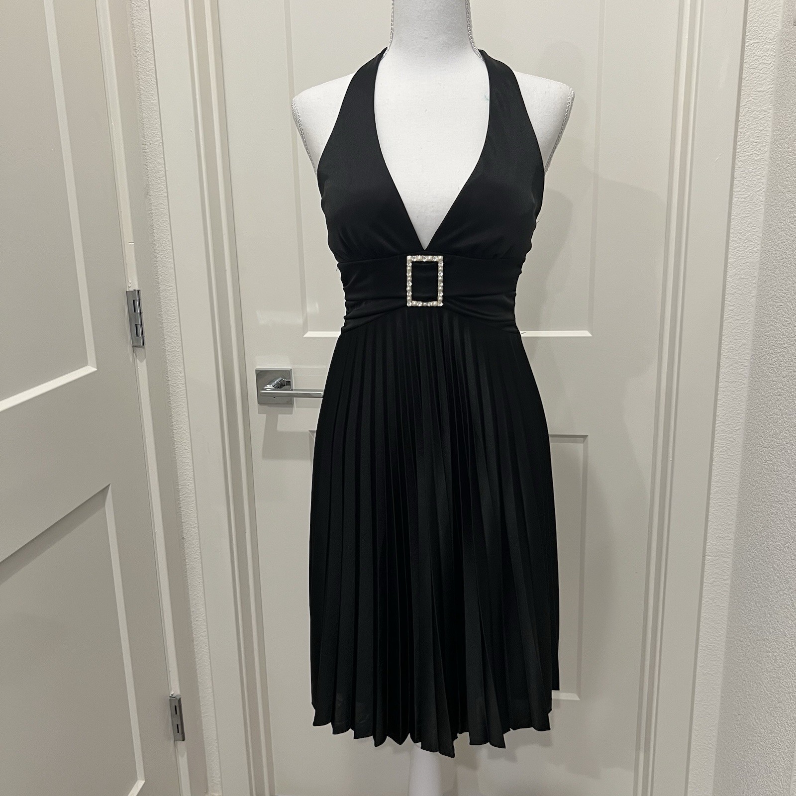 Speechless Y2K Black Satin Pleated Halter Dress Crystal Buckle Size S