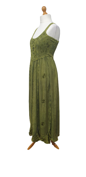 Maxi Boho Summer Dress Corset Peasant Embroidered Green 10 12 14 16 18 20 22 24