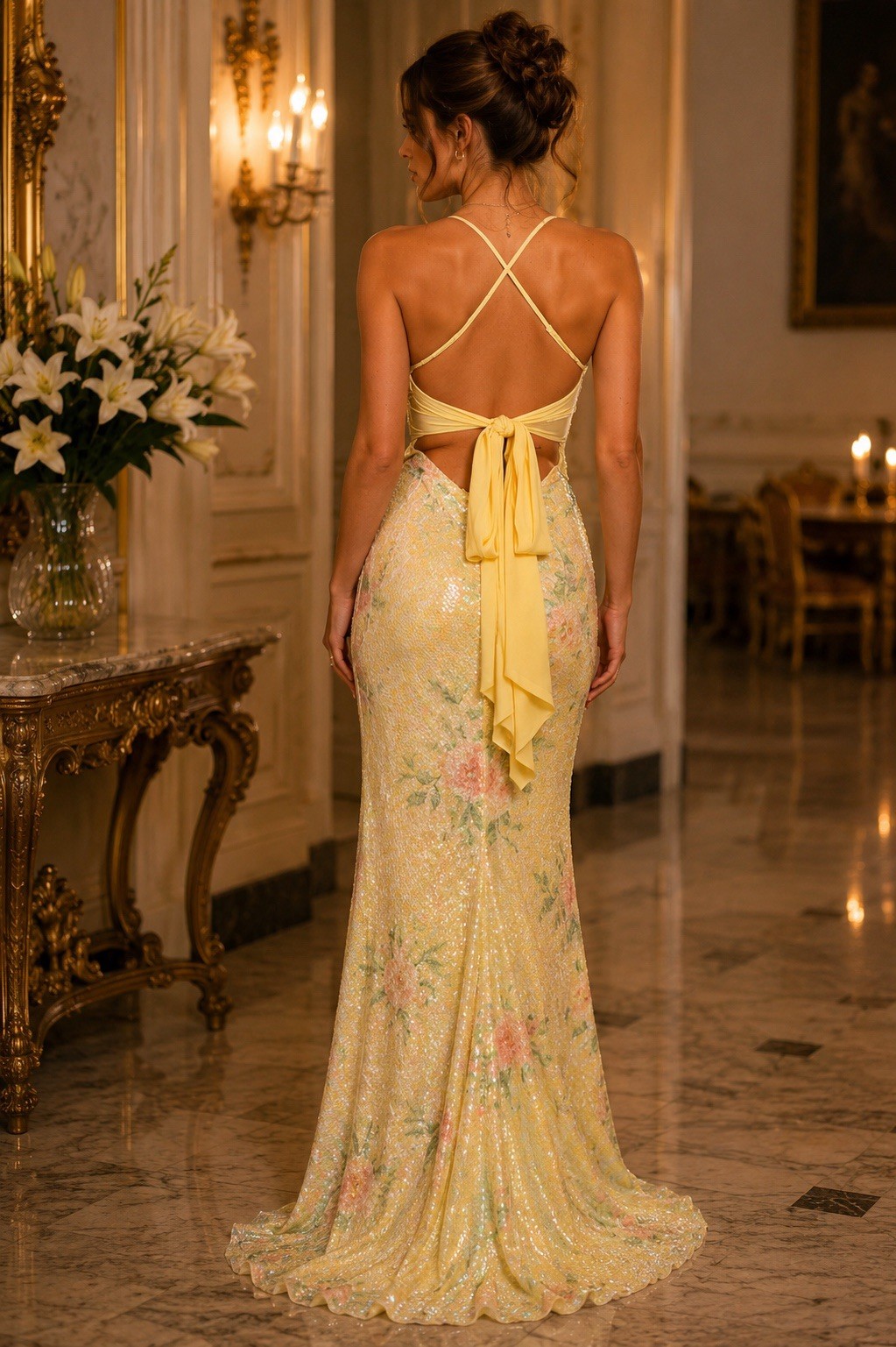 Windsor Brinley Bow Back Floral Sequin Column Gown S Yellow Formal Dress -NEW-