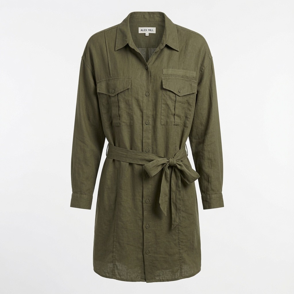 Alex Mill 100% Linen Belted Shirt Dress Womens XL Olive Green Military Utility