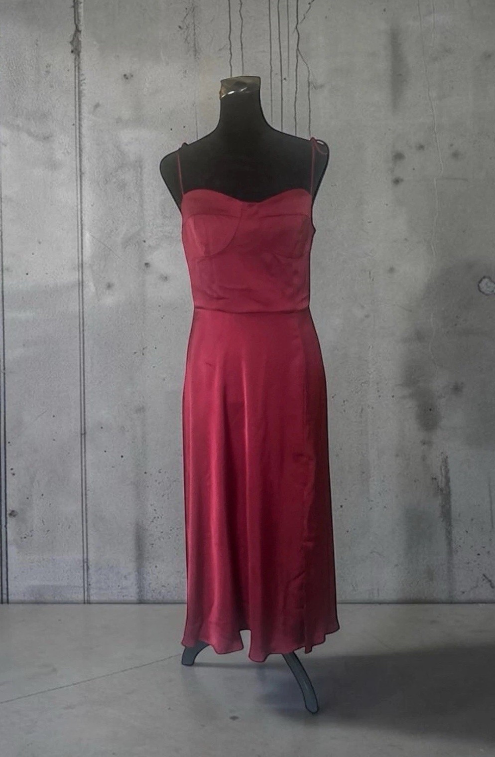 ON YOU Burgundy Satin Slip Midi Dress Square Neck Spaghetti Straps Smocked L