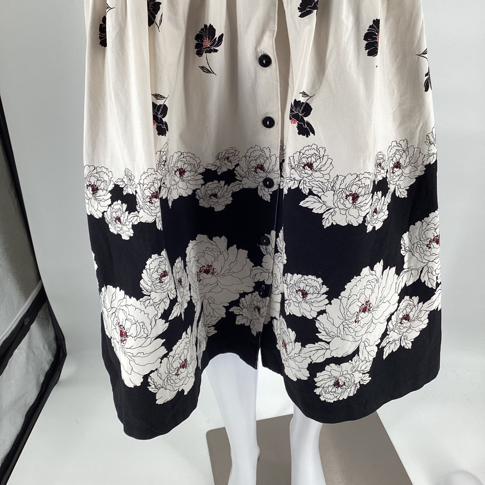 Womens Floral Peter Pan Collar Button Front Midi Dress Cream Black Retro FLAW