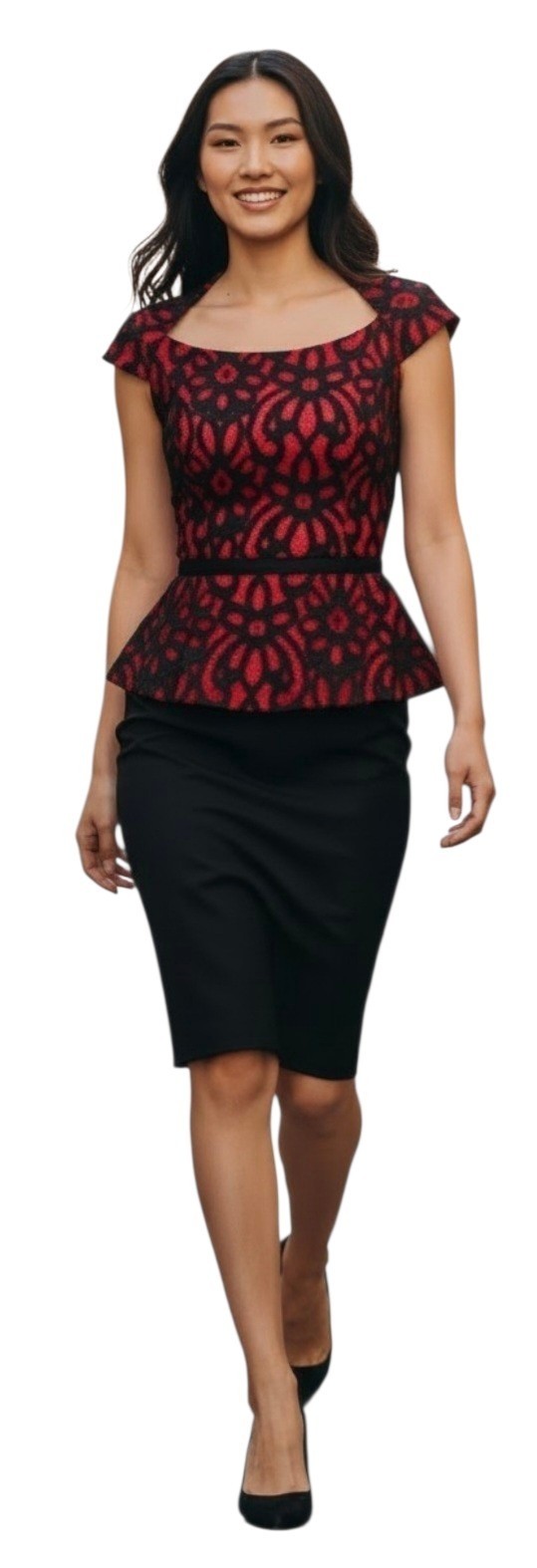 J Taylor Vtg-Style Red Black Lace Peplum Shift/Sheath Dress W Cap Sleeve 8