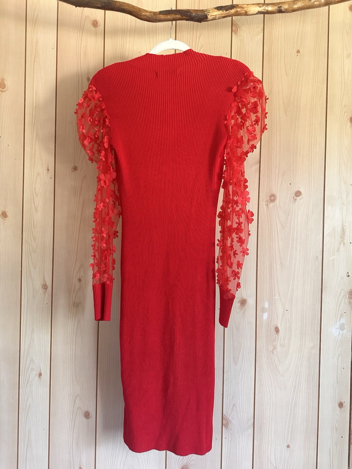 Almost Famous Size L Red Knit Sweater Dress Sheer Floral Sleeves