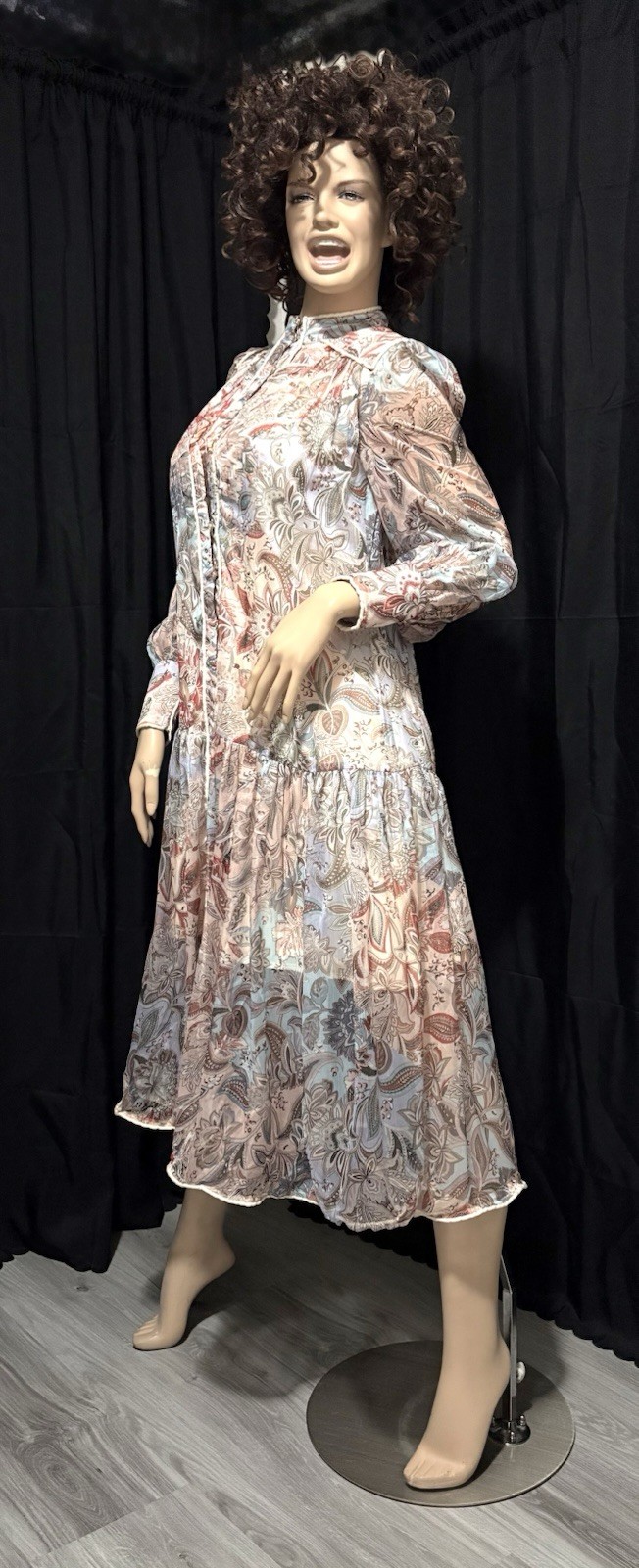 UNKNOWN JACOBEAN PRINT GEORGETTE W/SLIP IVORY, COPPER + MULTI, MAXI DRESS SMALL