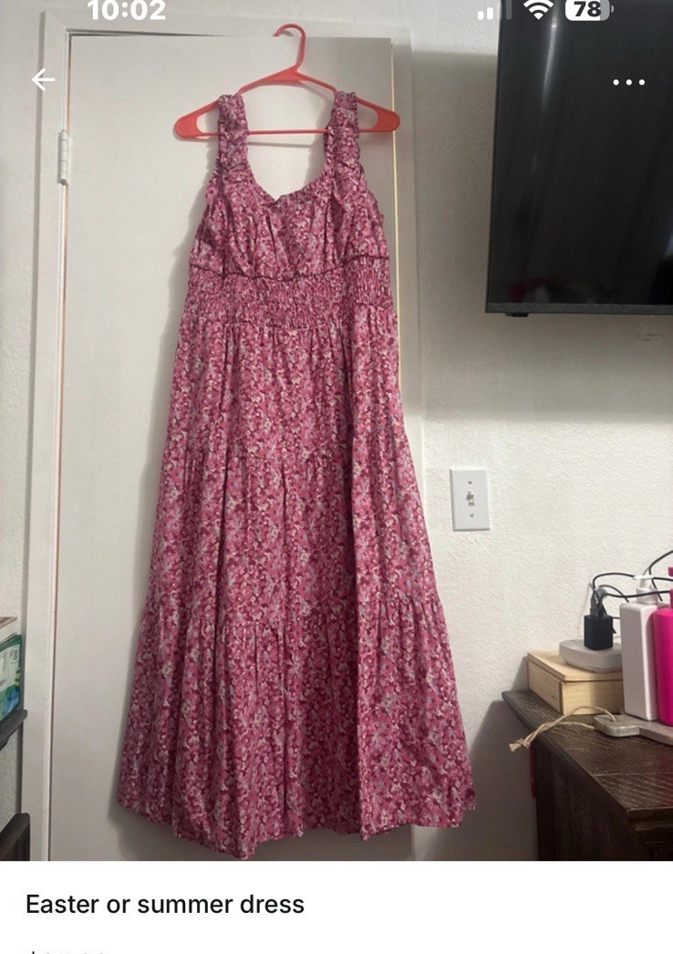 Women’s L/XL Pink Floral Smocked Sleeveless V-Neck Long Maxi Dress