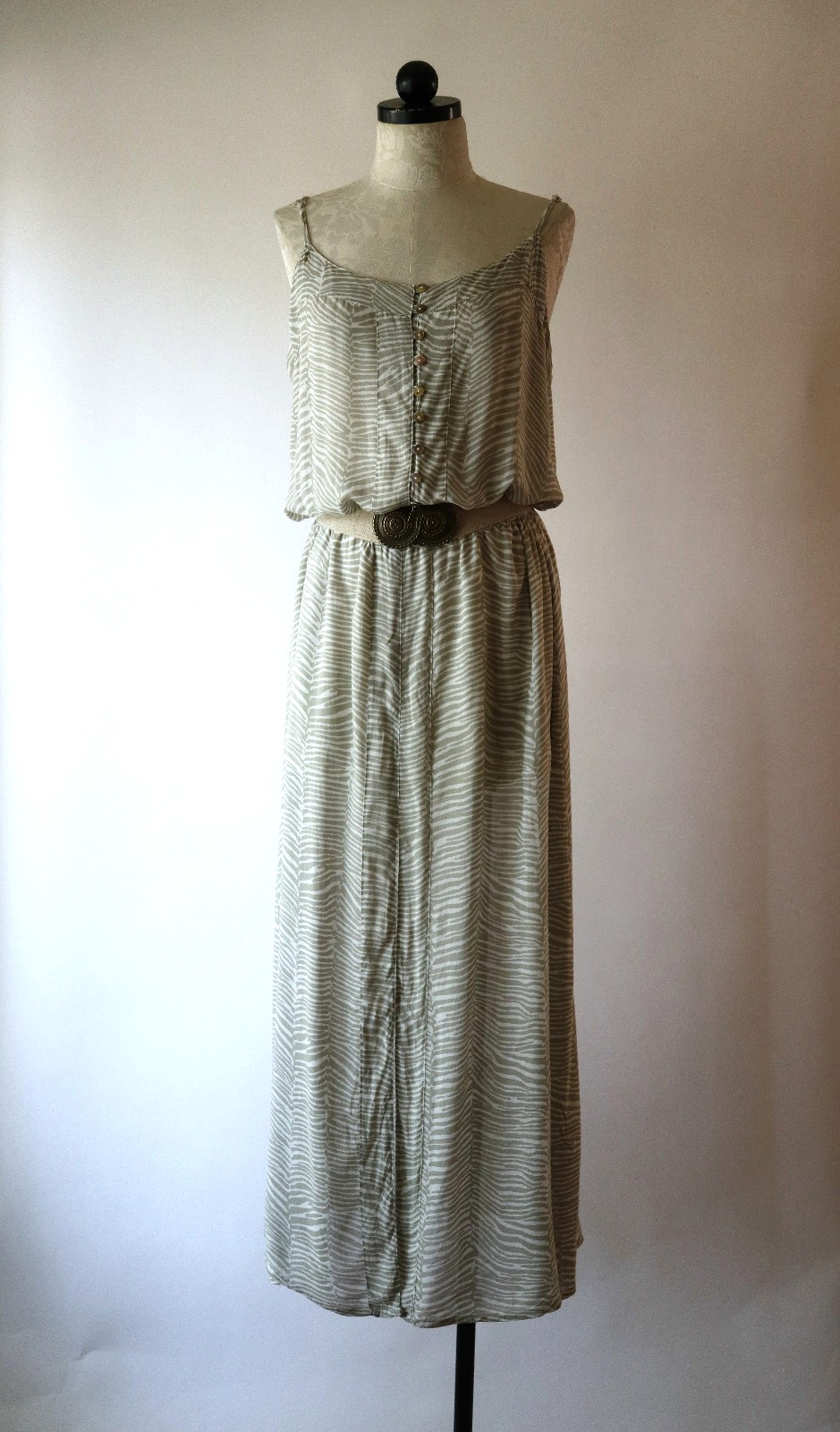 Pineapples Tan White Animal Print Buttoned Long Maxi Strappy Sundress Women M