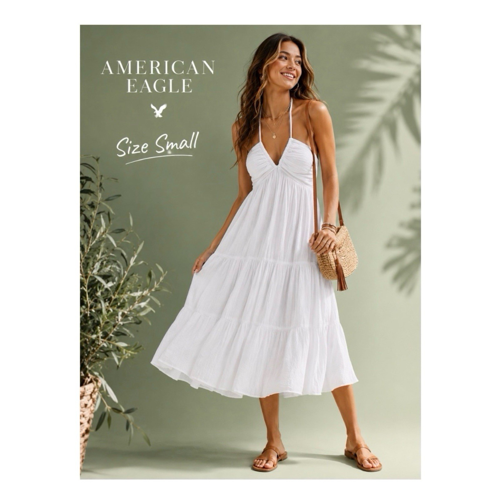 American Eagle White Tiered Midi Cut Out Back Halter Dress Size Small