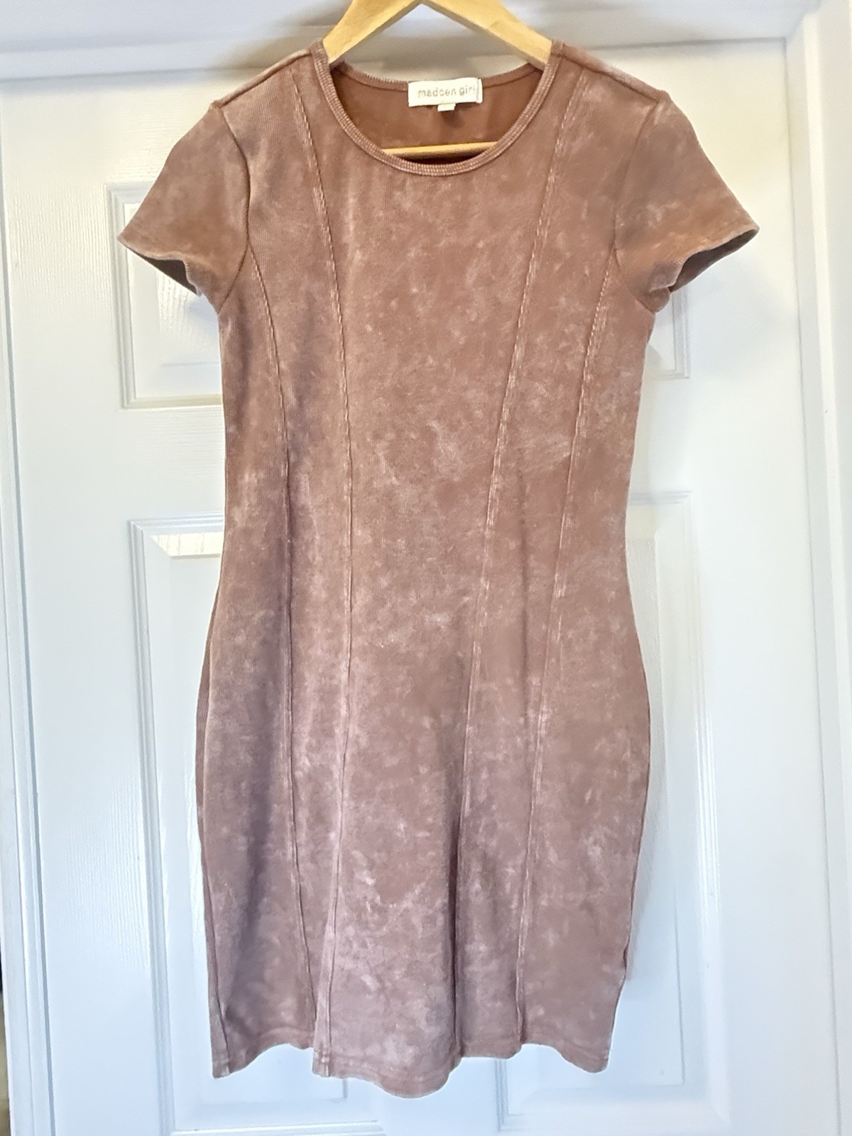 Madden Girl Mini Dress Womens Large Mauve Acid Wash Short Sleeve Princess Seam