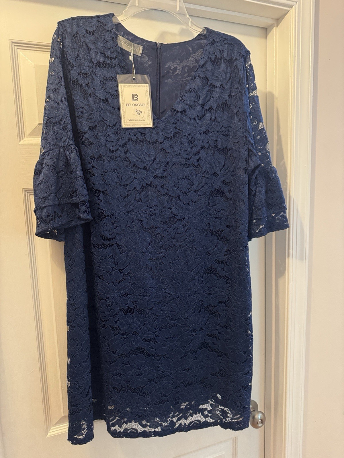 Belongsci Blue Floral Lace Shift Dress V-Neck 3/4 Bell Sleeve Zip Lined XL