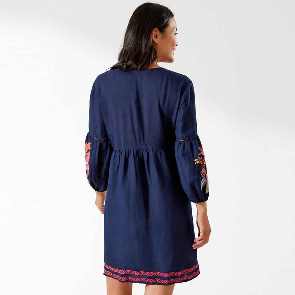 Tommy Bahama Tropical Embroidered Split-Neck Dress in Mare Navy Size L NWT