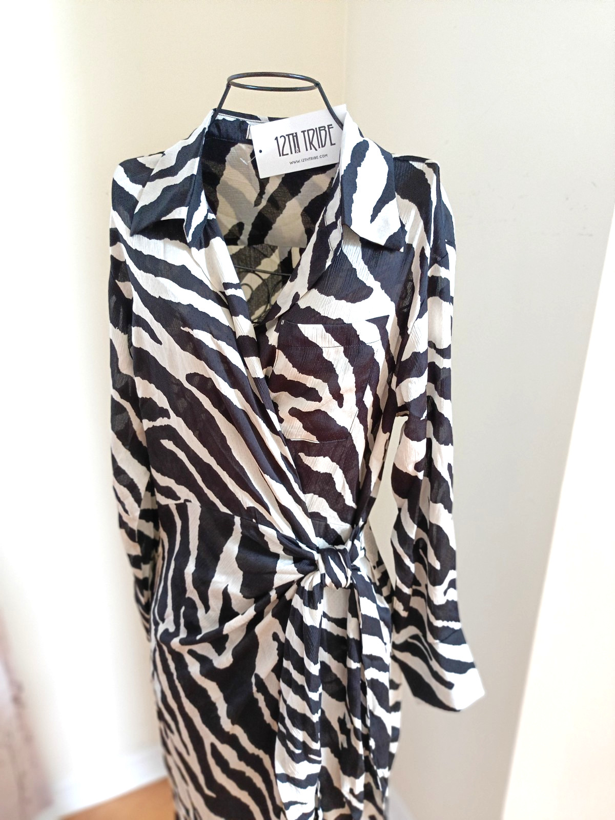 NWT 12th Tribe Wrap Maxi Dress Collared Zibra Print Long Sleeve M Cream Black