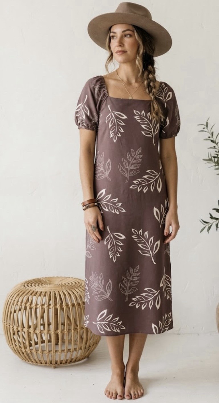 Absolutely Famous XL Square Neck Puff Sleeve Neutral Leaf Print Midi Dress Boho