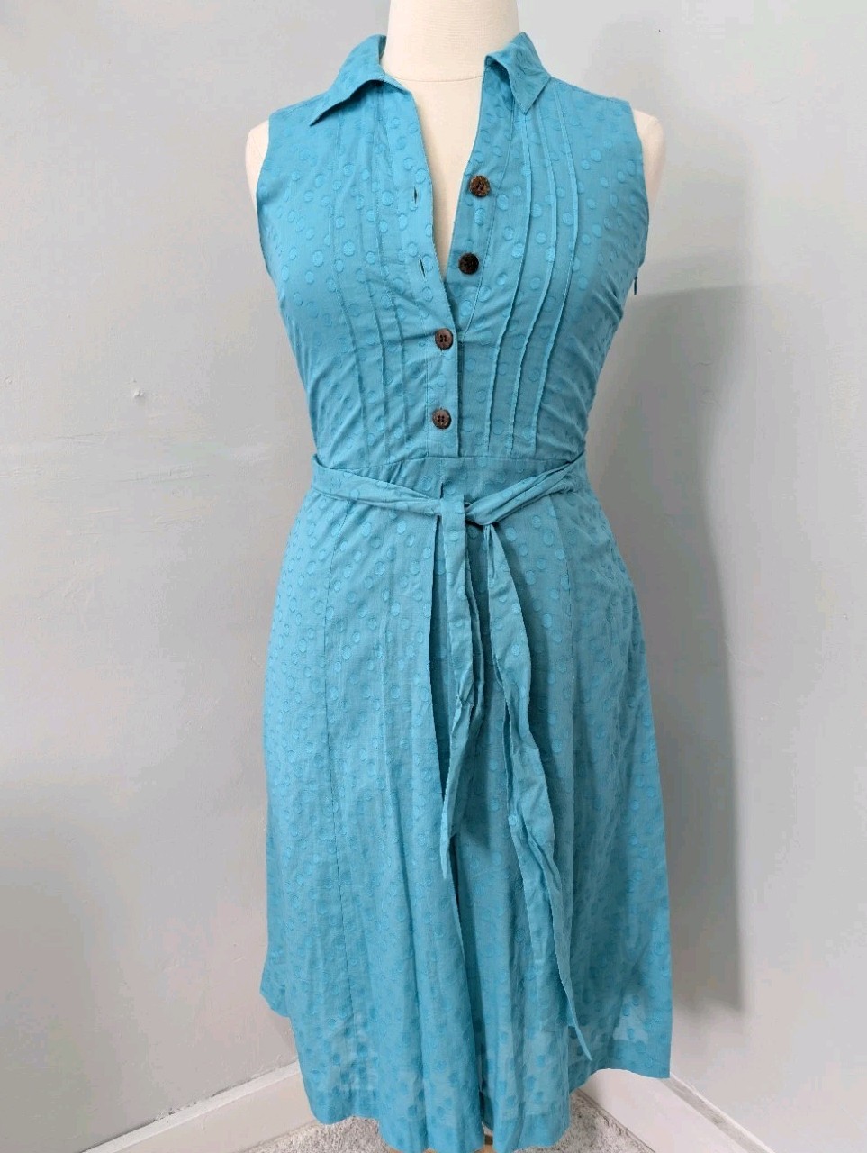 Jaclyn Smith Turquoise Blue Polka Dot Sleeveless Shirtdress Belted Pleated
