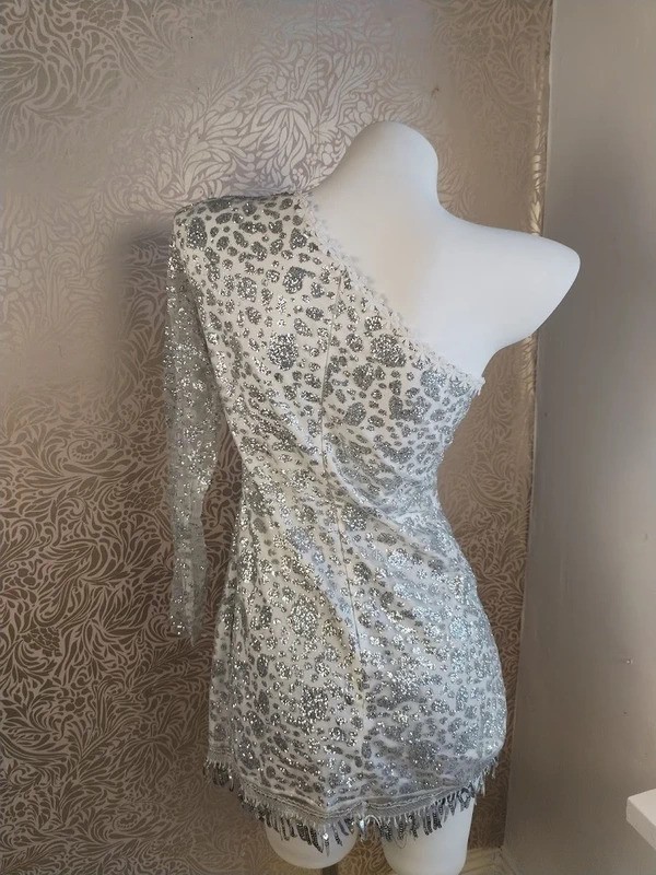 White Silver Sequin Glitter Mini Dress One Shoulder Tassel Sequin Hem UK Size 8