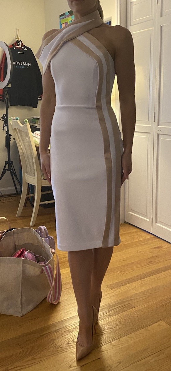 White/Beige Colorblock Halter Sleeveless Asymmetric Sheath Dress Size 2 custom
