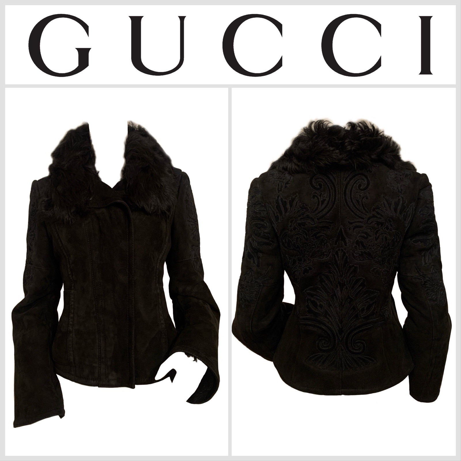 GUCCI TOM FORD Black Fur Suede Shearling Detailed Embroidered Jacket Coat 42