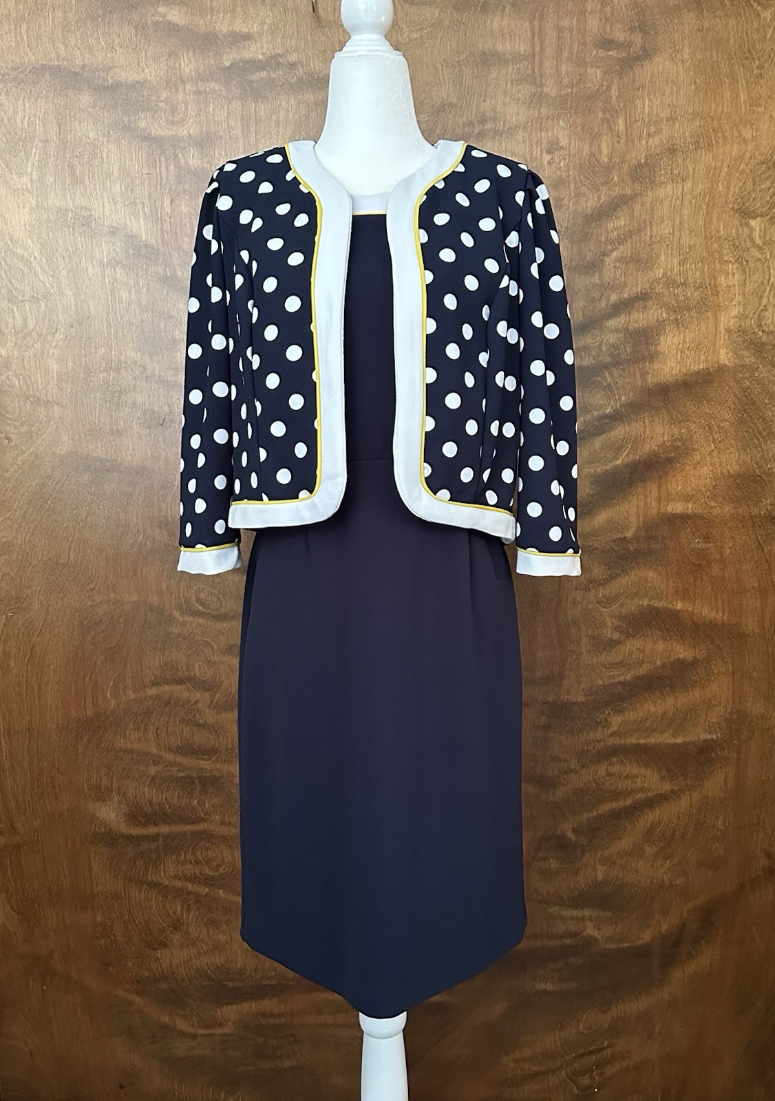 Nicolette Sheath Dress & Jacket Set Womens 8 Navy & White Polka Dots Formal EUC