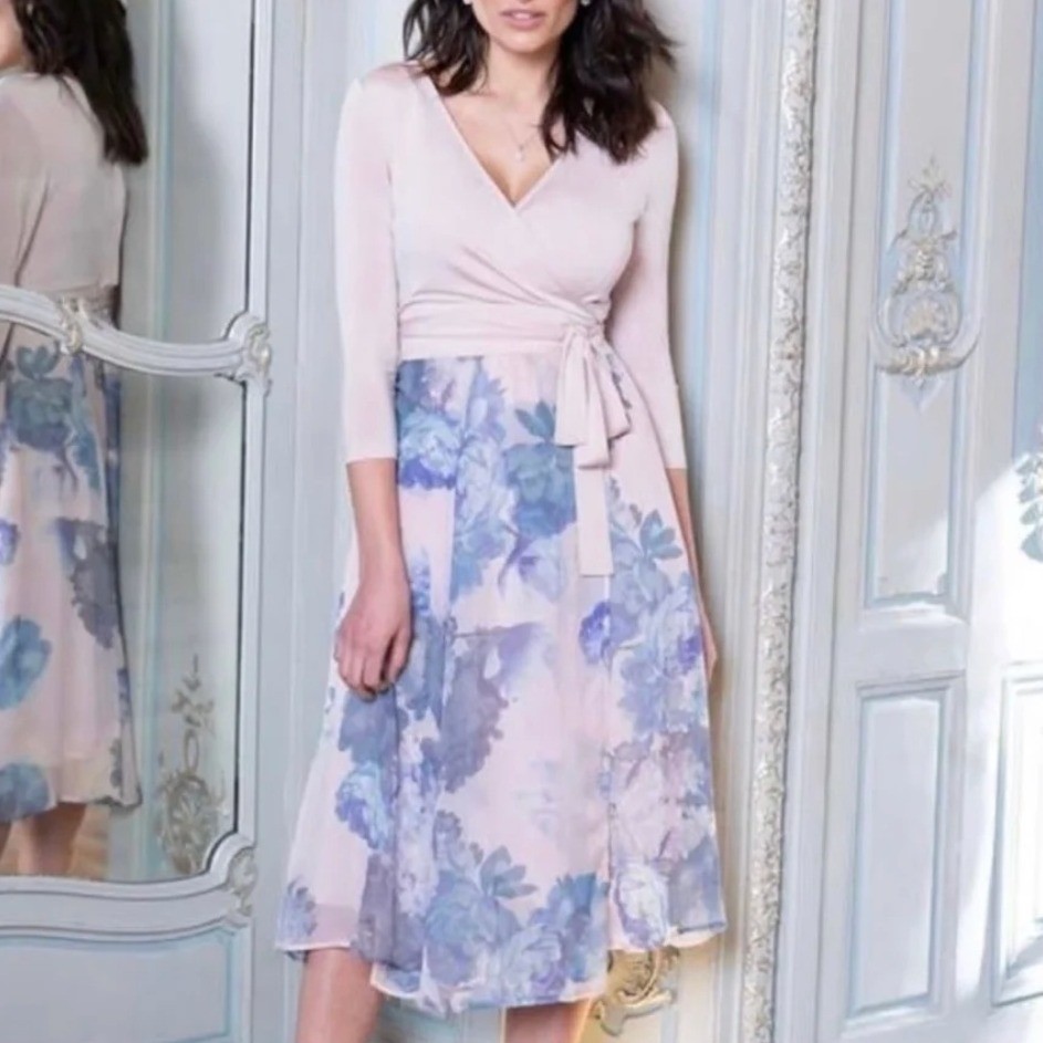 Seraphine Luxe Patryce Wrap Nursing Midi Dress Pink Floral Maternity US 14 NWT