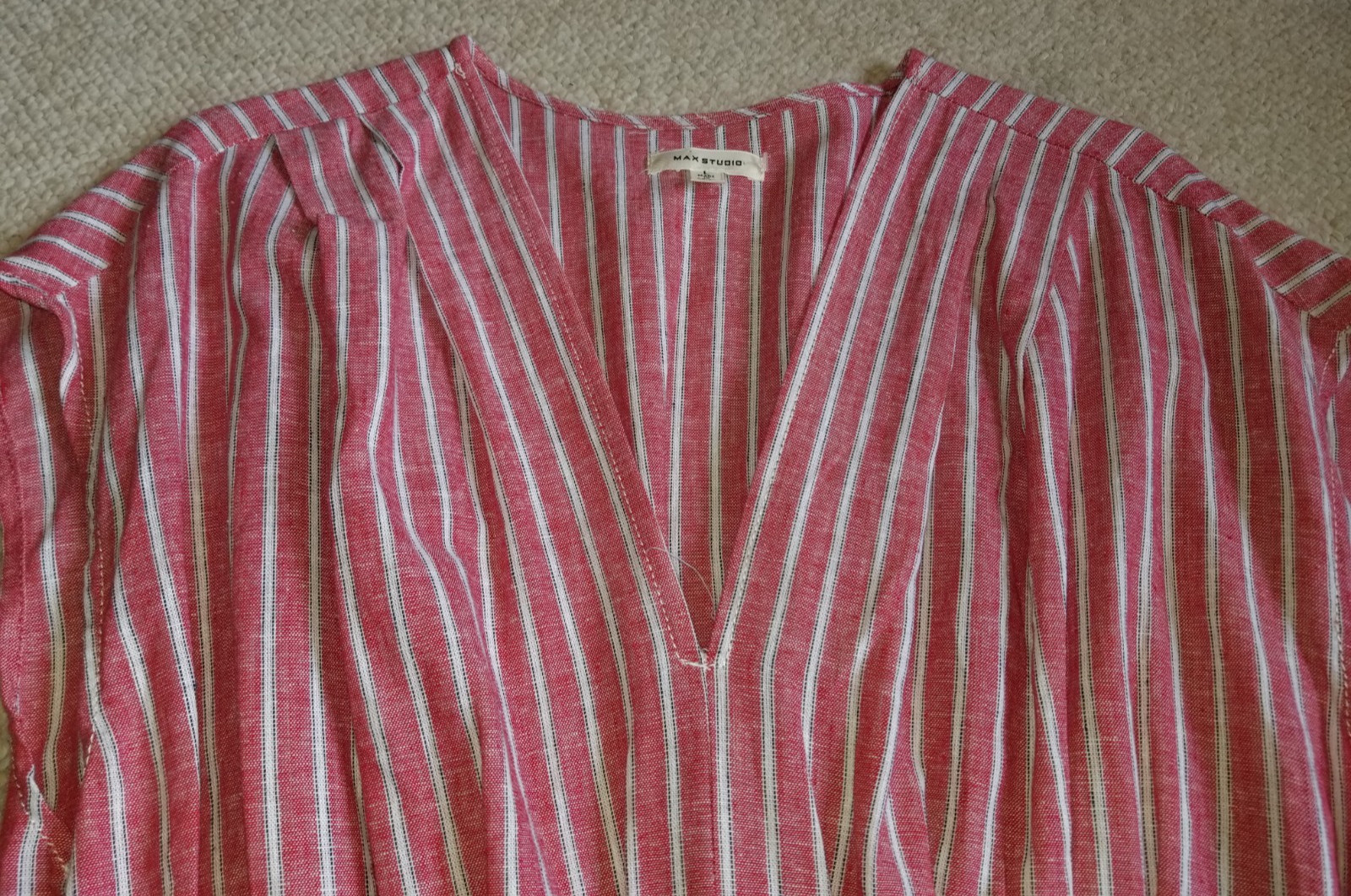 NWOT Womens Dress-MAX STUDIO-red/white striped linen hi-lo Resort Coastal-L