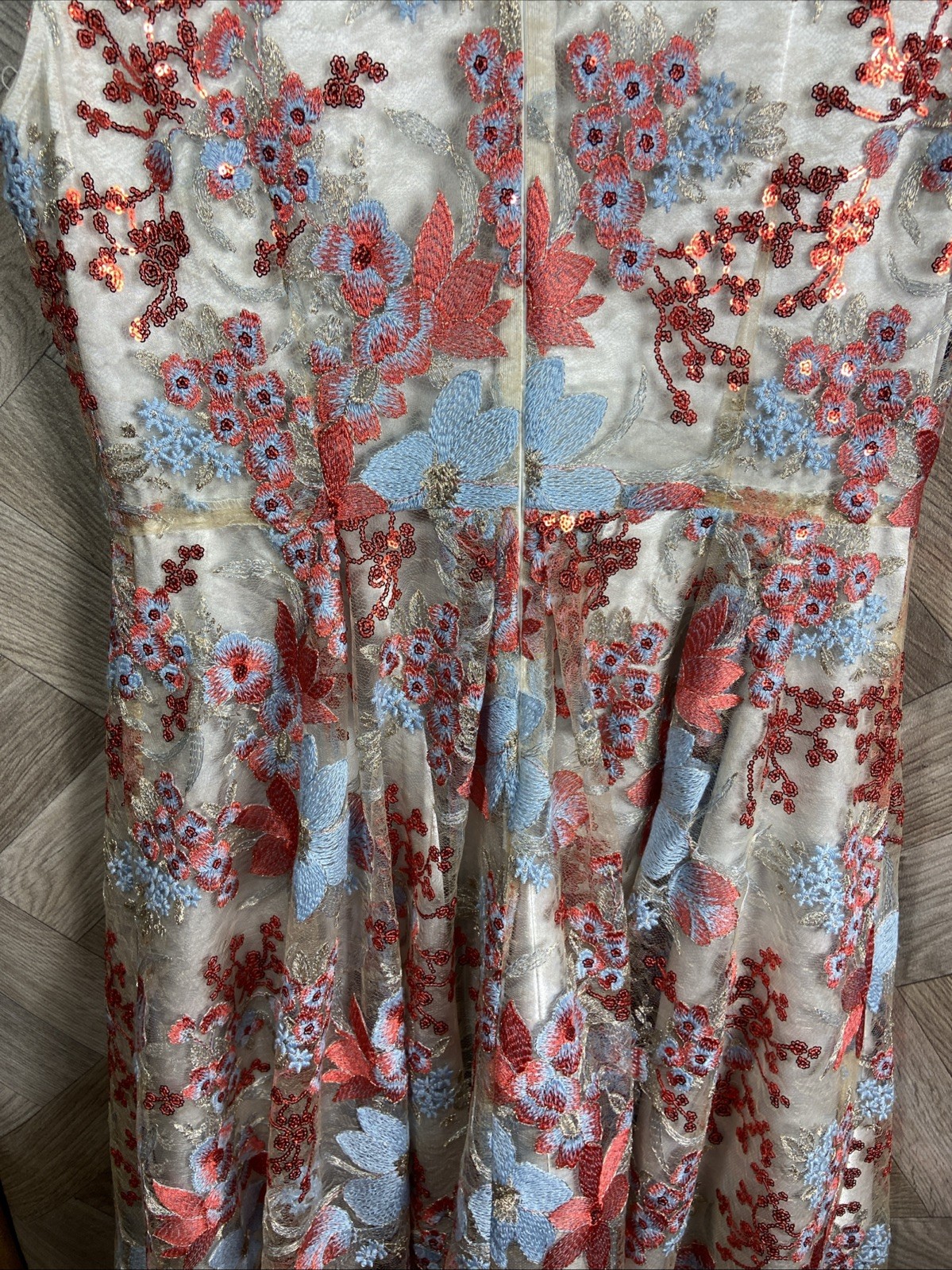 Tahari by Arthur S Levine Flared Dress Blue/Red Floral Embroidery/Sequin Size 14