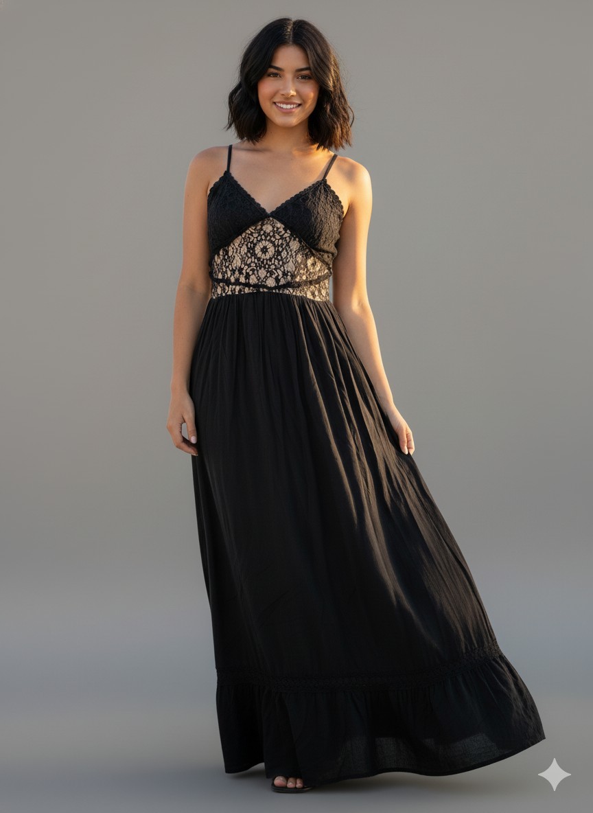 Y2K Maxi Slip Dress XS Small Crochet Lace Black Boho Witchy Goth Fairy