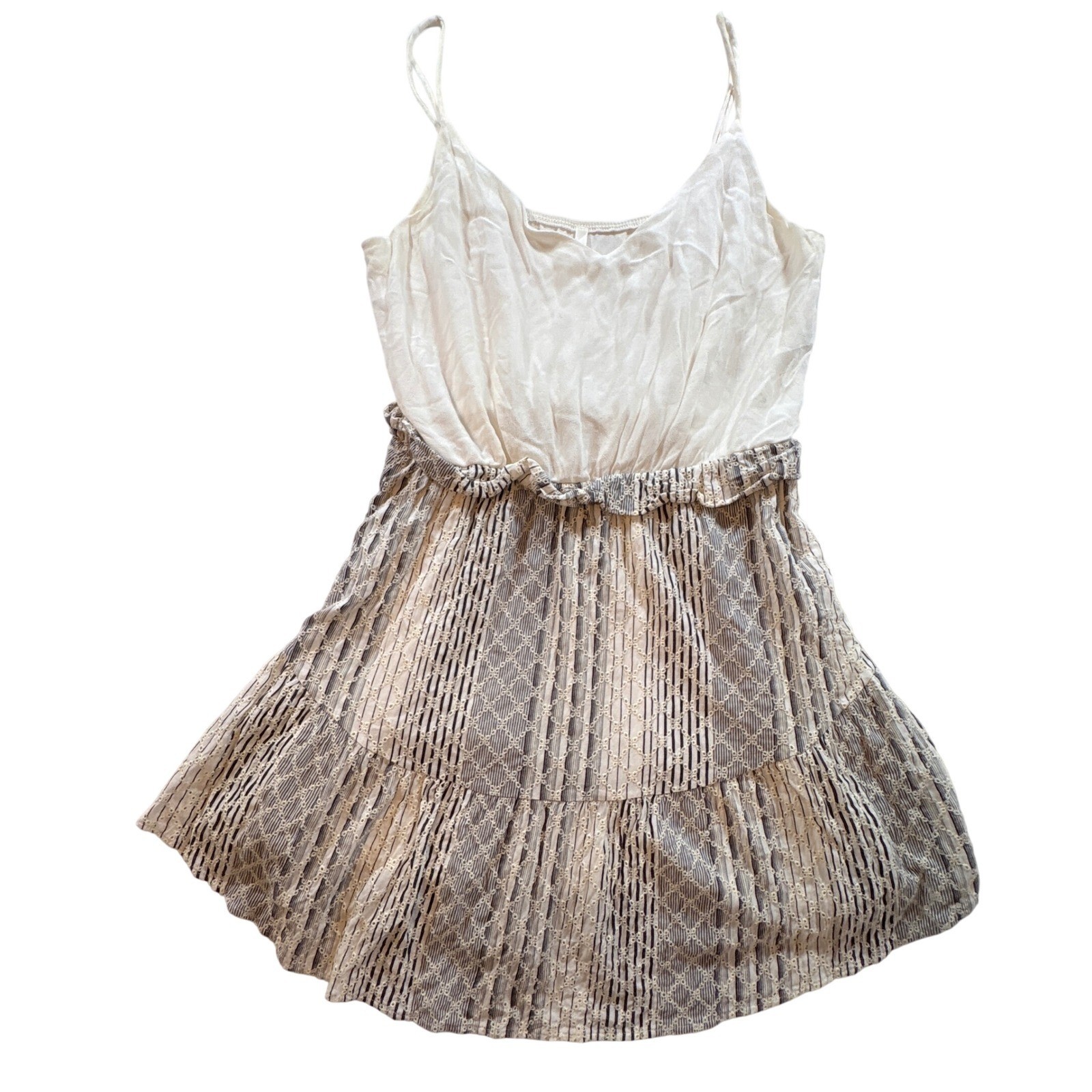 Sage Mini Dress Womens Small Cream Blue Striped Tiered Eyelet Boho Sundress