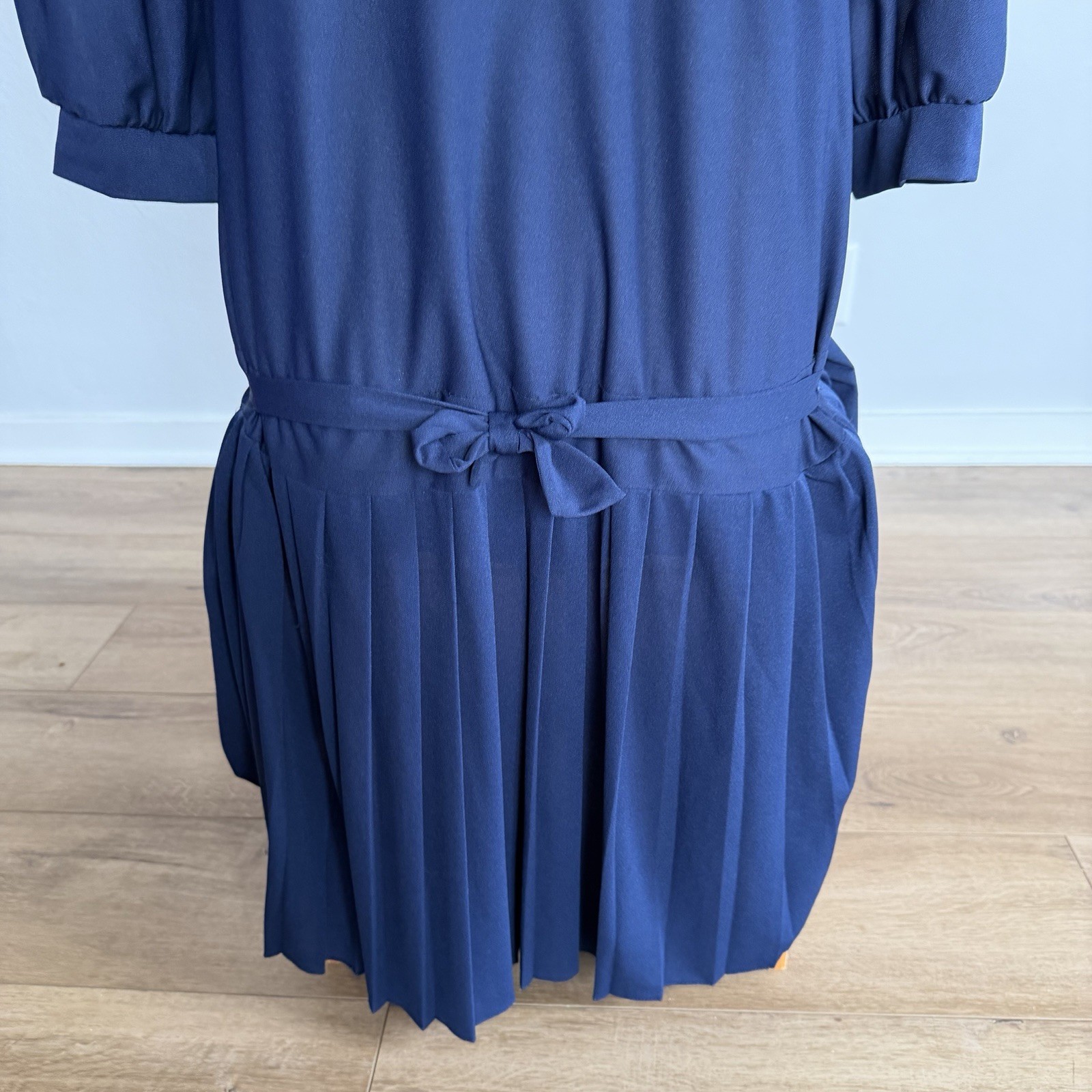 Vintage 90s Lace Sailor Collar Midi Dress Navy Drop Waist Pleated USA Made Sz 11