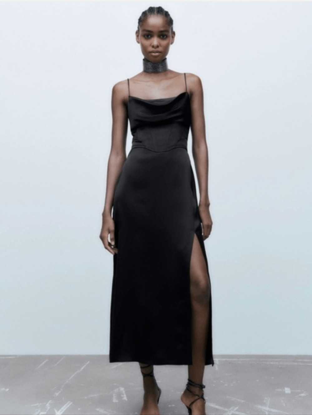 Zara Black Satin Effect Corset Style Draped Neckline Leg Slit Silky Midi Dress M