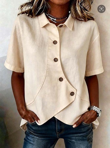 Womens Casual Solid-color Irregular-button Blouse Loose-fit Short Sleeves