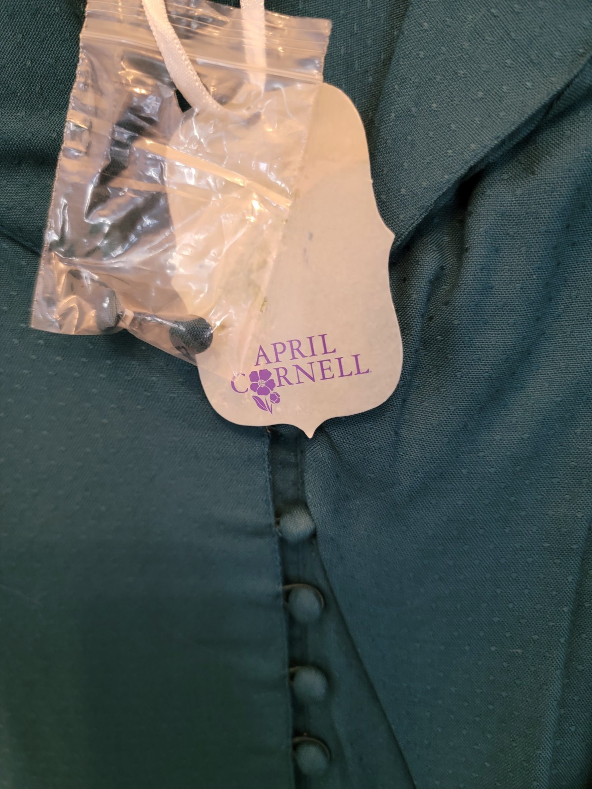 NWT Cornell Romantic Shirtdress L Midi Belted Blue Teal Fabric Covered Buttons