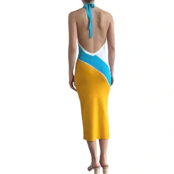NEW Solid & Striped Dress Low Back Blue Yellow Midi Knit Stretch Bodycon Small