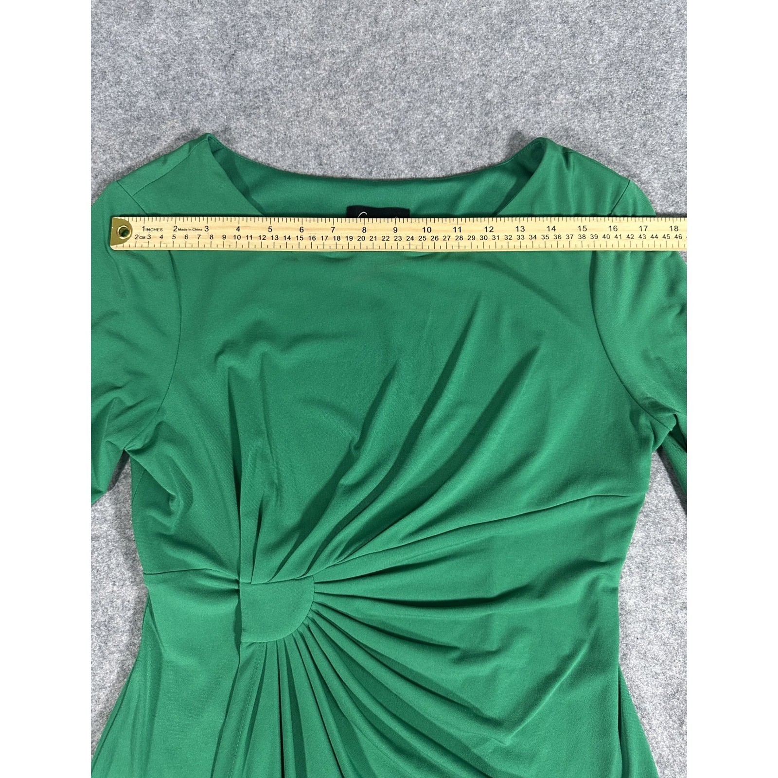 Connected Apparel Faux Wrap Sheath Dress 8 Green Bell Sleeve Gathered Sunburst