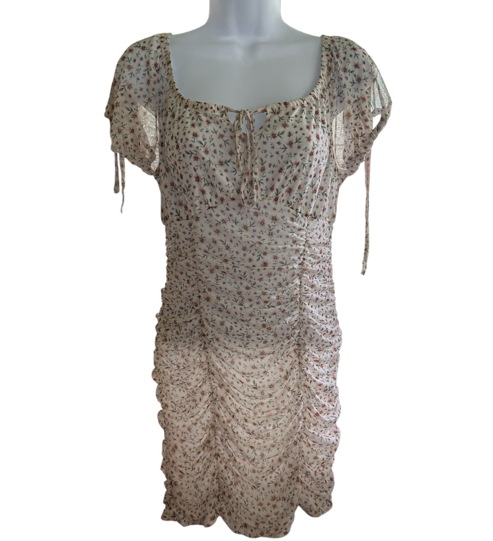 Sexy Ultra Flirt Cream Ruched Floral Semi Sheer Midi Dress Size Medium