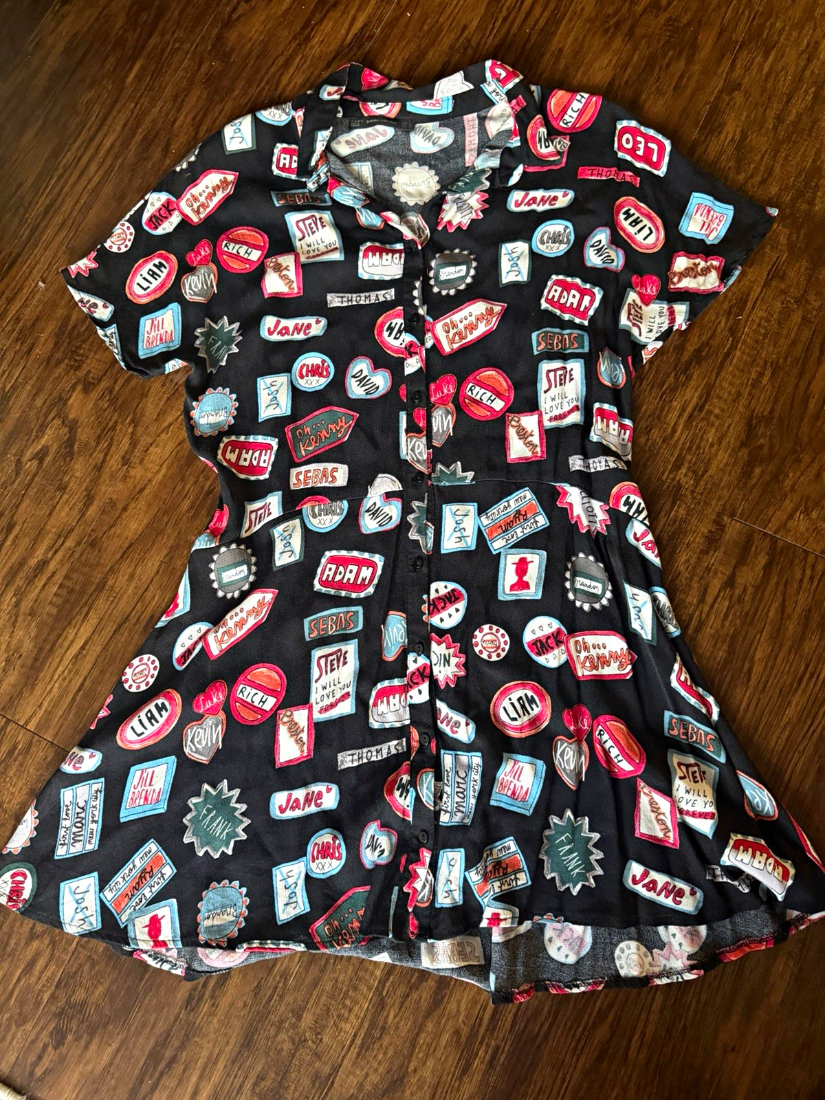 Zara Trafaluc Black Name Print Button Front Collared Shirt Dress M